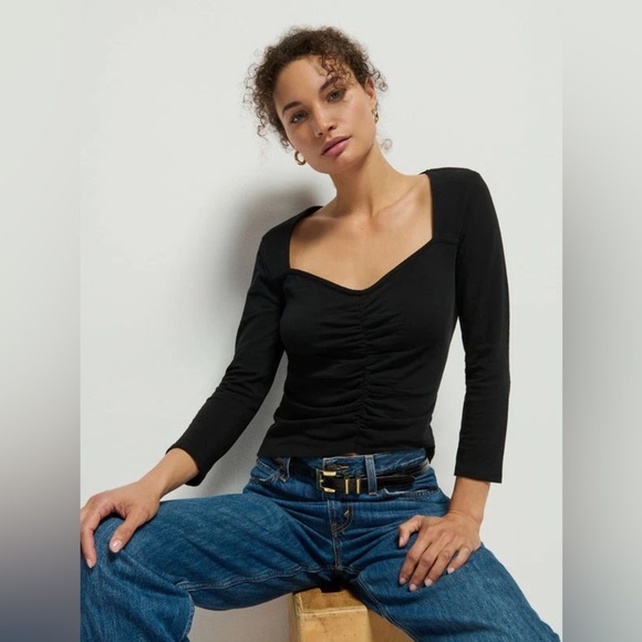 NATION LTD Jet Black Mikaela Top Sweetheart Neckline Shirring 3/4 Sleeves Shirt - Picture 12 of 12